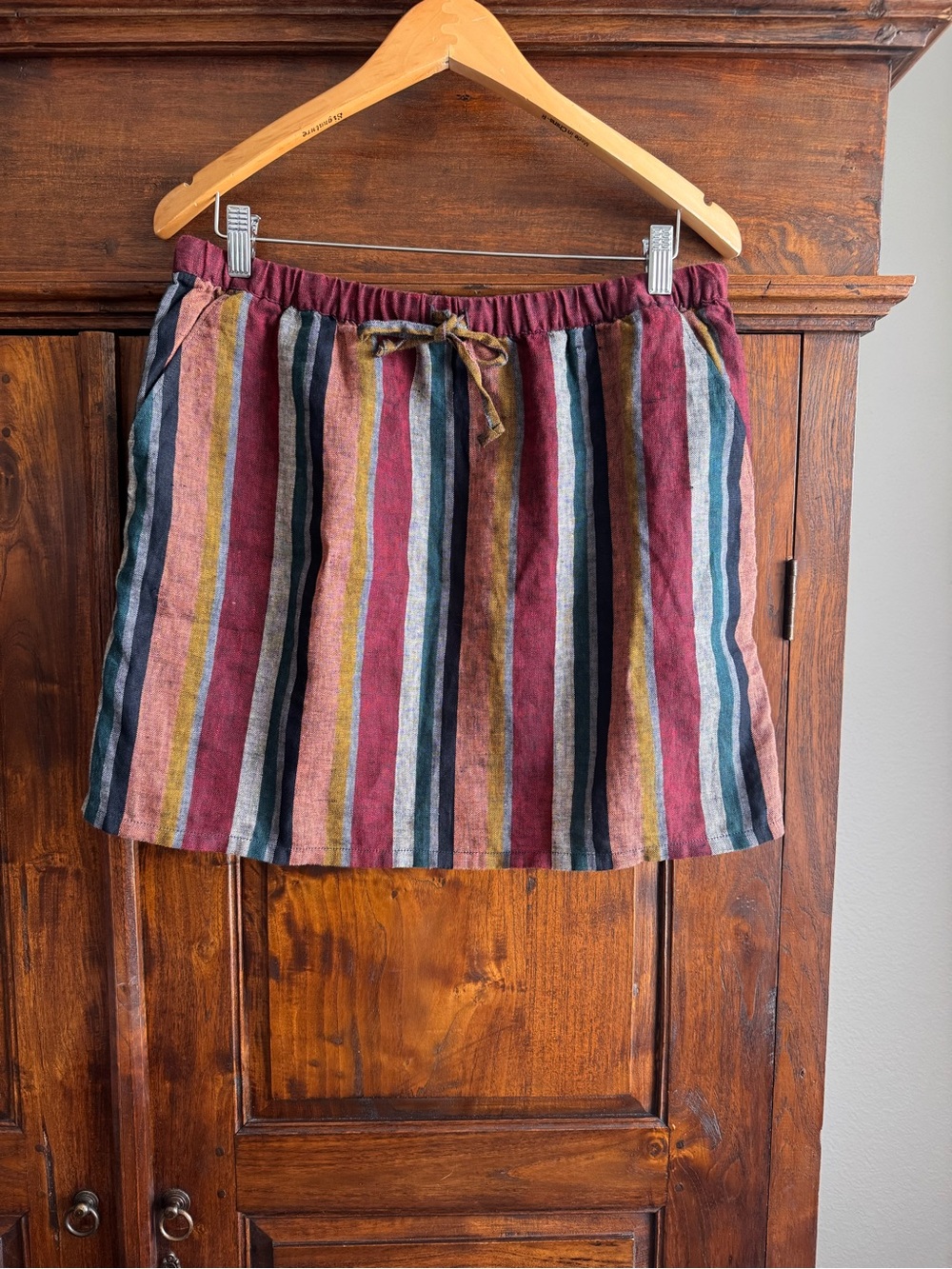 Garnet Hill Essential Linen Skirt Striped Drawstring Pull On